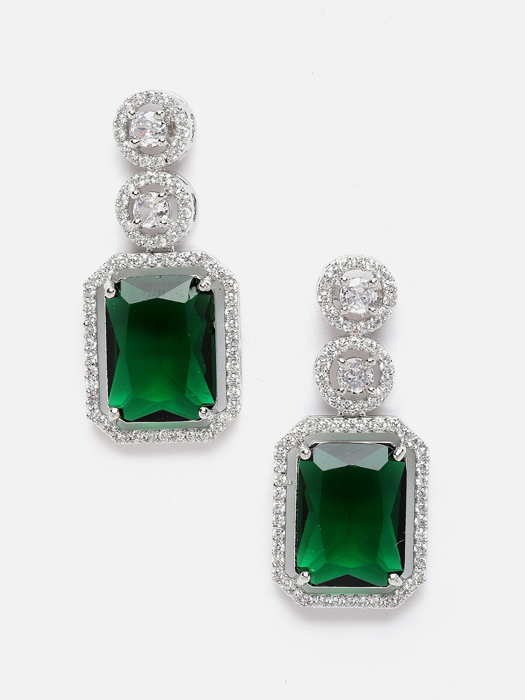 

Aazeen Rhodium-Plated Geometric American Diamond Studded Drop Earrings, Silver