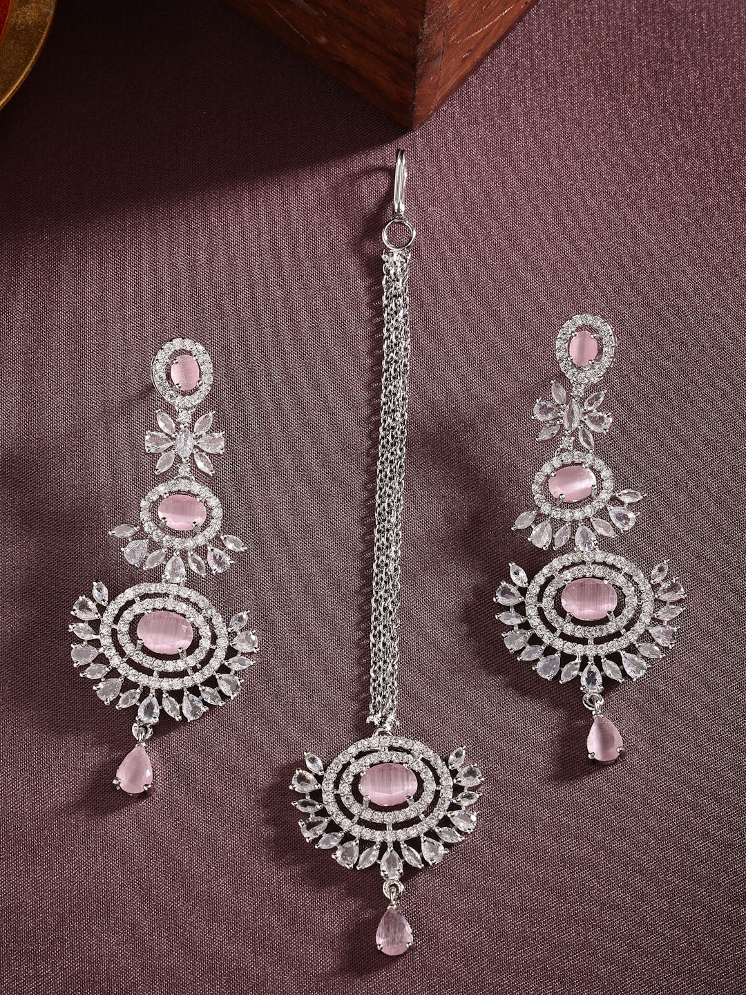 

Aazeen Rhodium-Plated AD Studded Maang Tikka With Dangle Drop Earrings, Pink