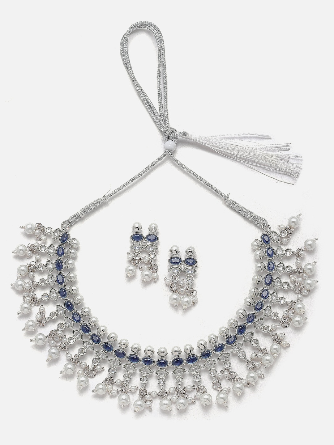 

Aazeen Rhodium-Plated AD-Studded & Beaded Jewellery Set, Silver