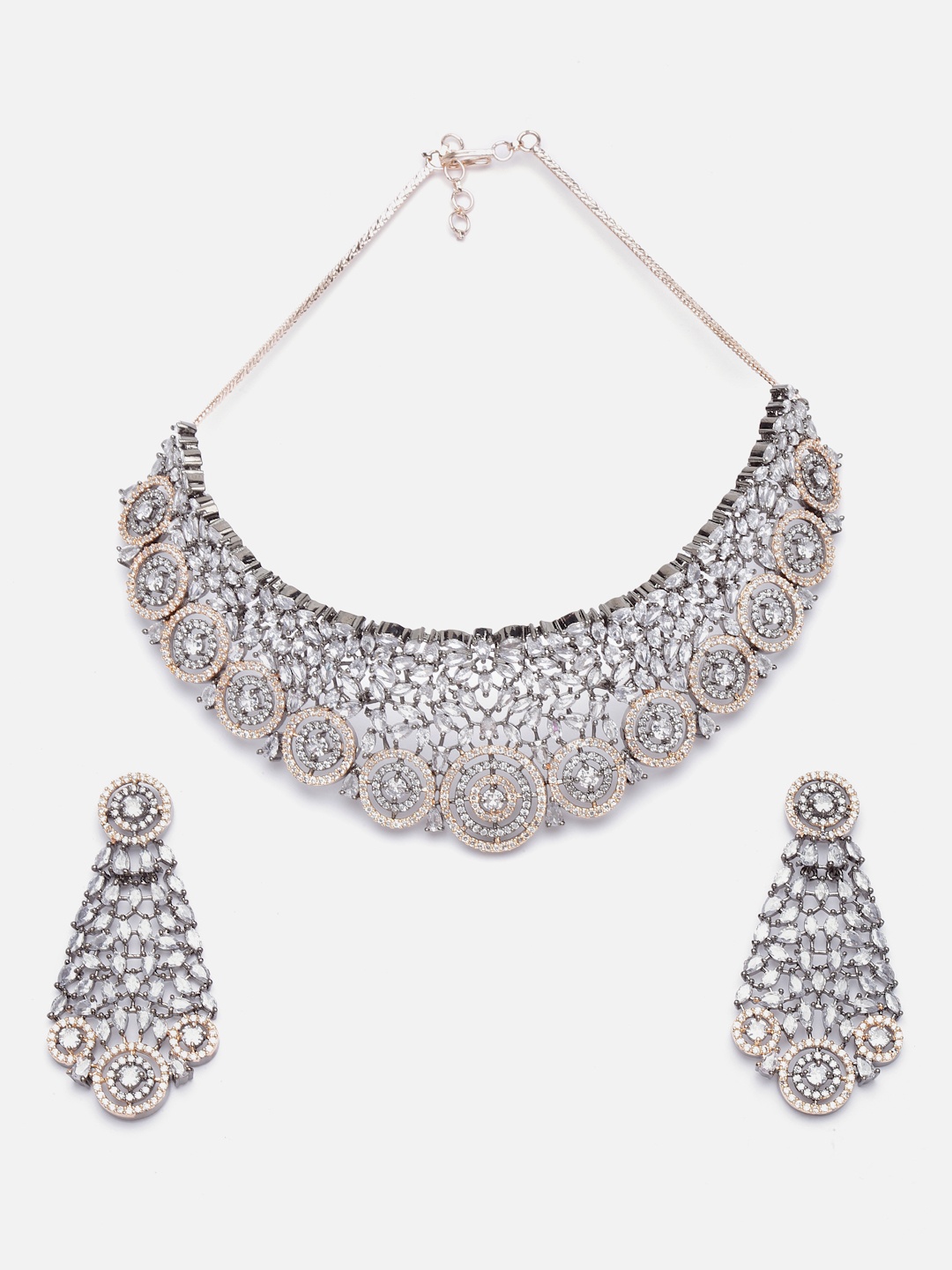 

Aazeen Rose-Gold-Plated AD-Studded Brass Jewellery Set, Silver