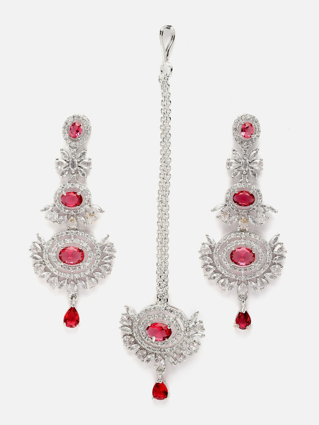 

Aazeen Rhodium-Plated American Diamond Studded Maang Tika & Earrings, Silver