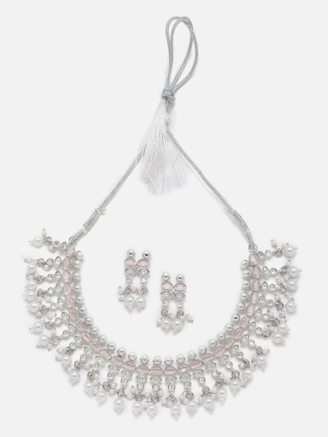 

Aazeen Rhodium-plated American Diamond-Studded & Pearl-Beaded Jewellery Set, Pink