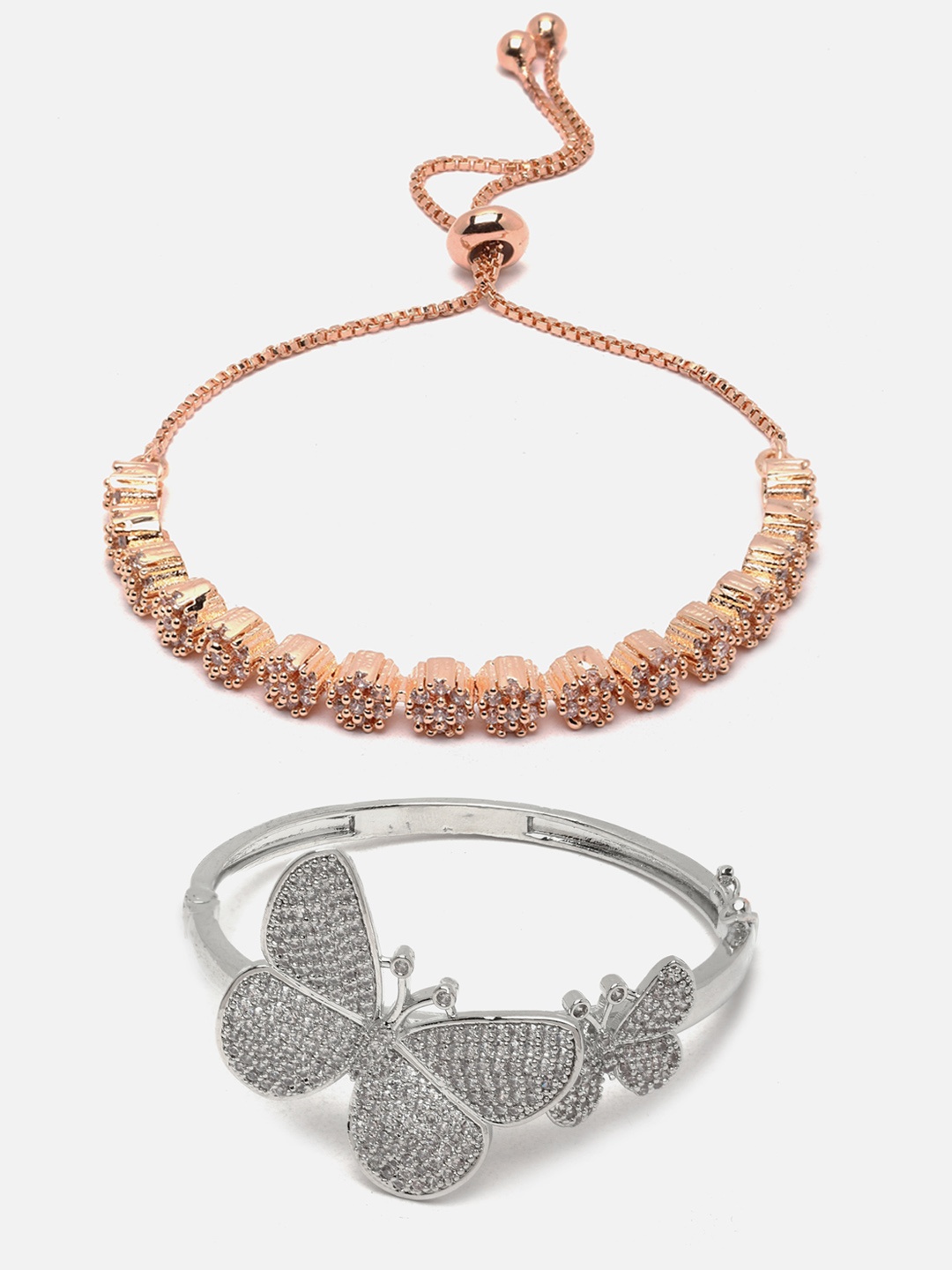 

Aazeen 2Pcs Silver & Rose Gold-Plated American Diamond Bracelets