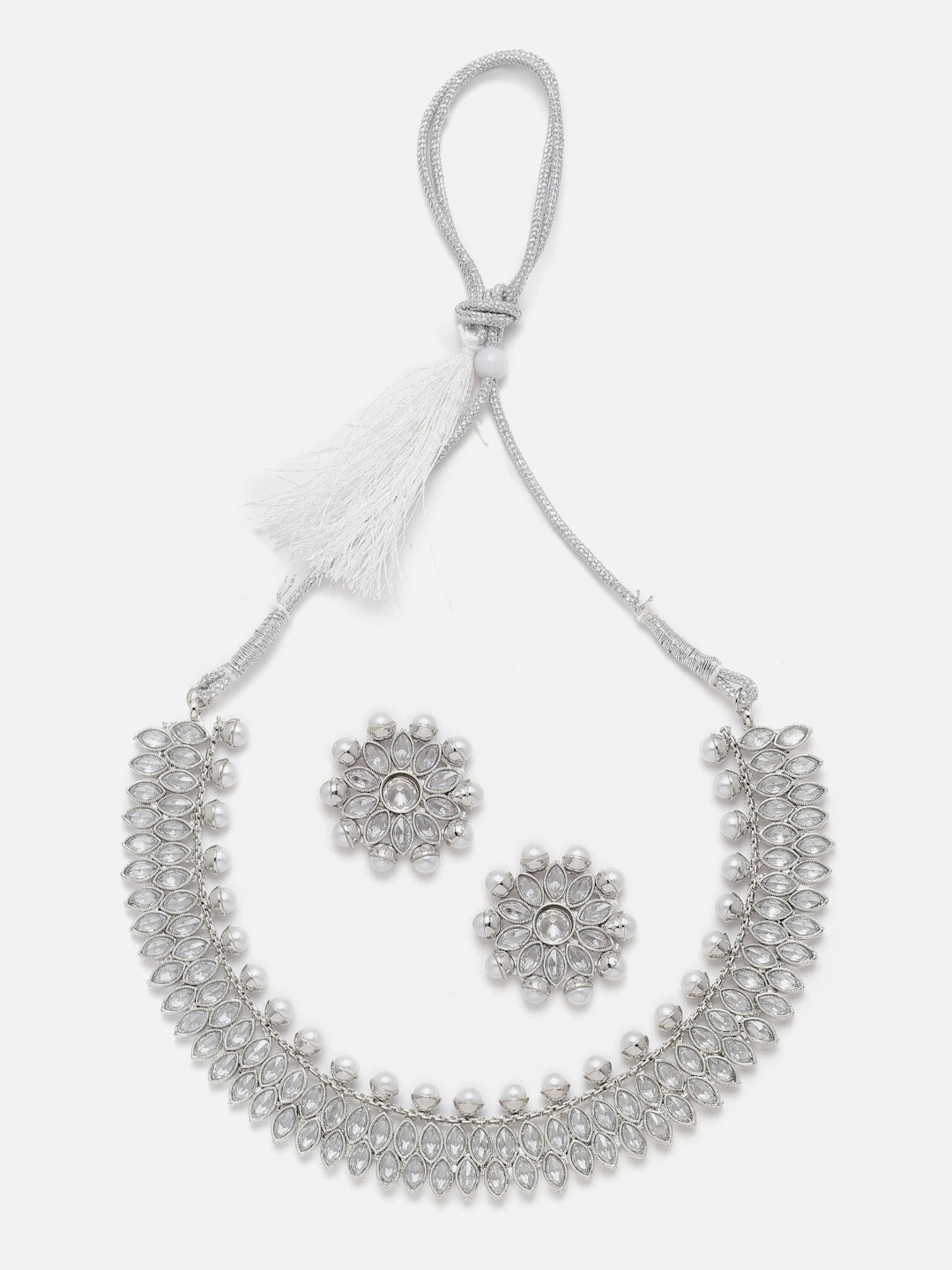 

Aazeen Rhodium-Plated AD-Studded & Pearl-Beaded Jewellery Set, Silver