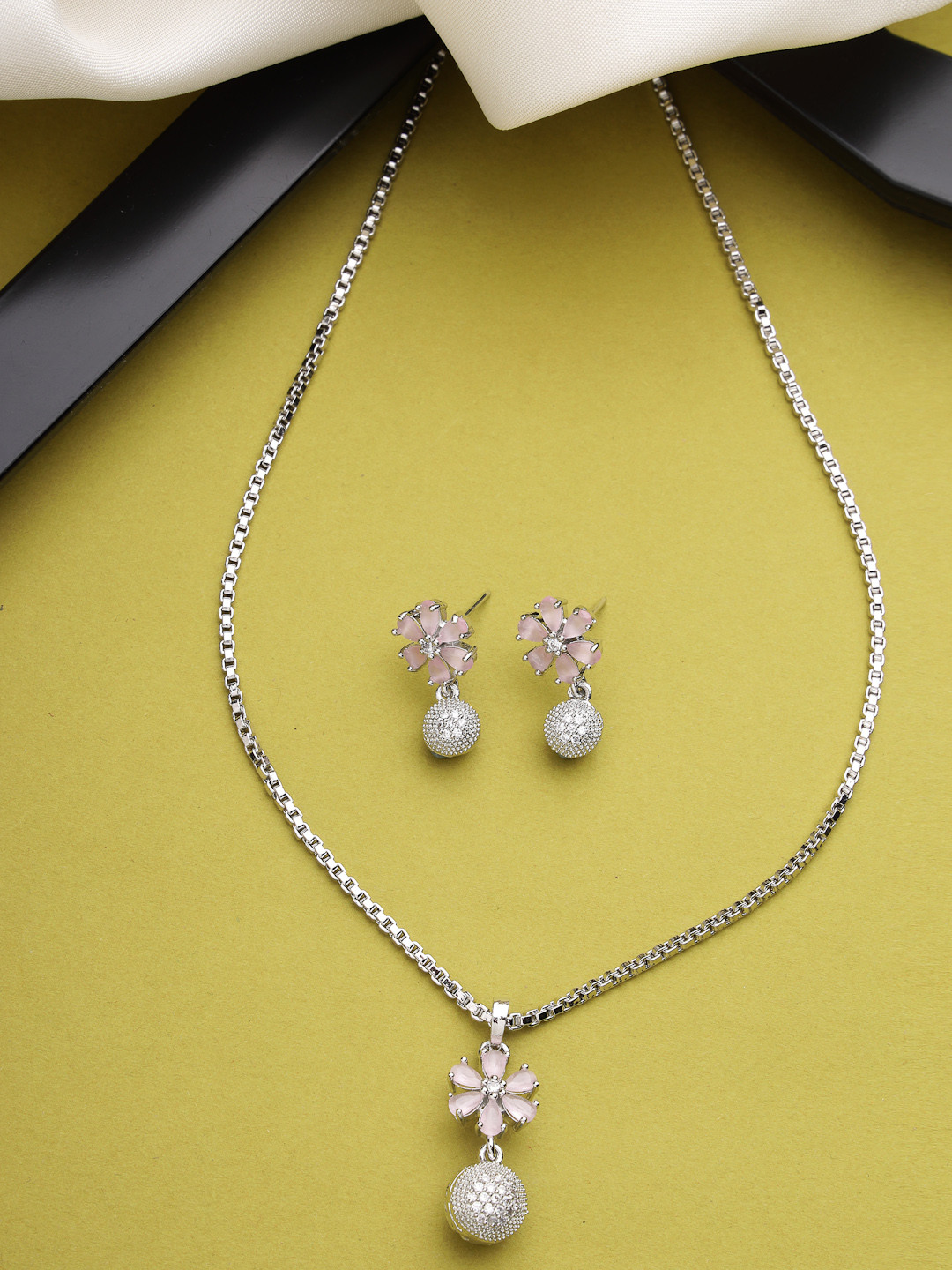 

Aazeen Rhodium-Plated CZ Studded Floral Pendant With Earrings, Silver