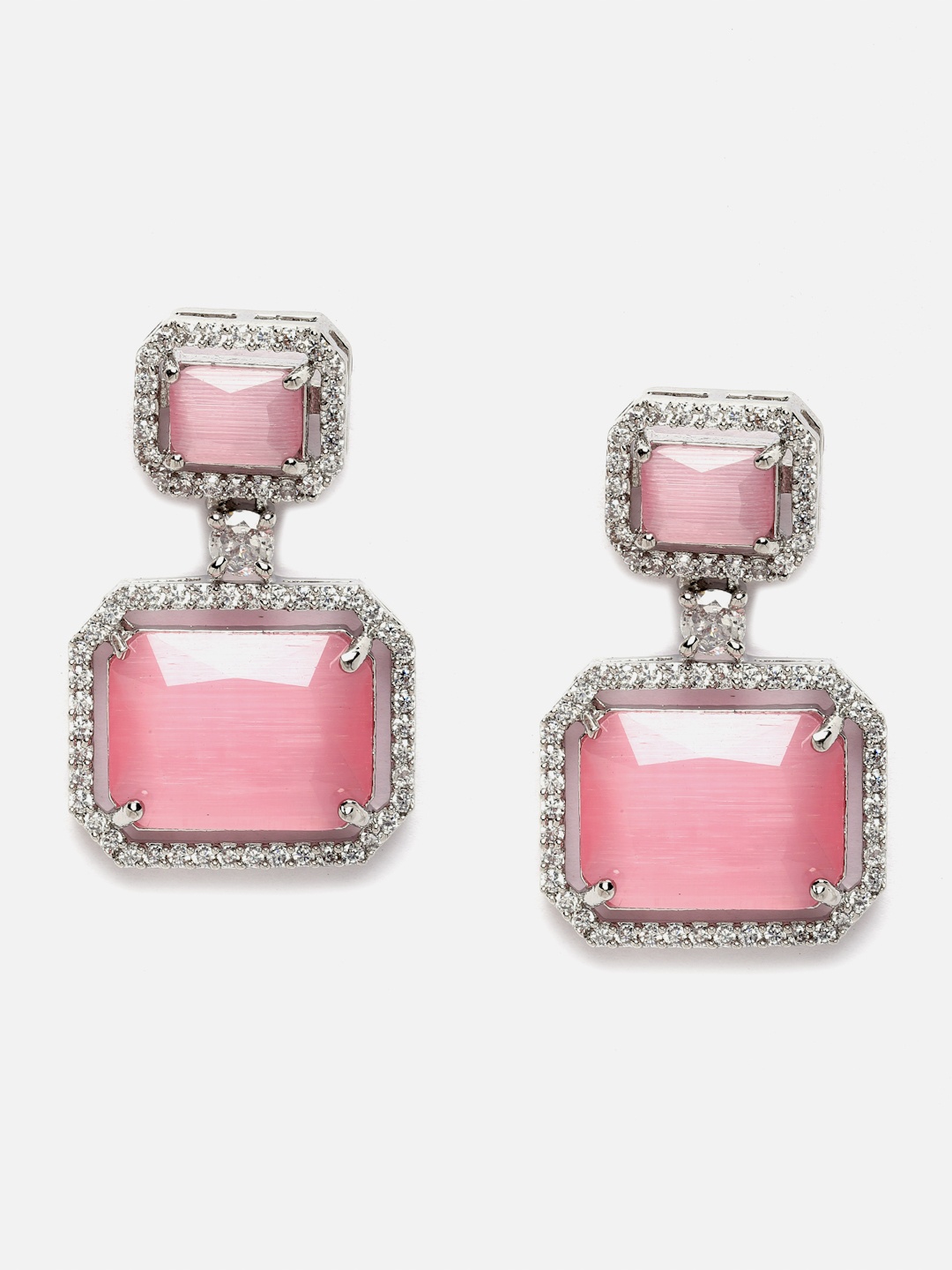 

Aazeen Rhodium-Plated American Diamond Studded Square Drop Earrings, Silver