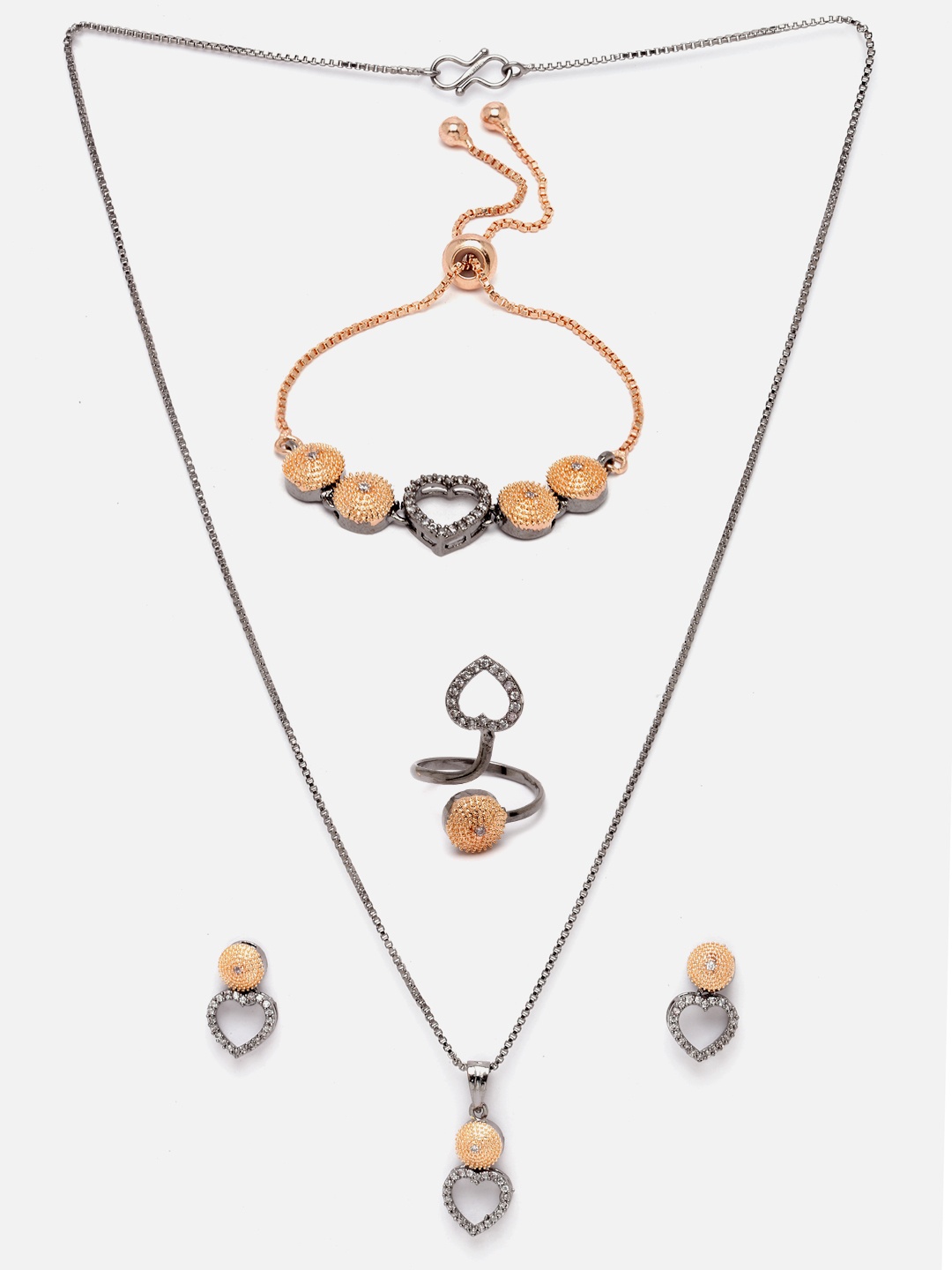 

Aazeen Rose Gold-Plated American Diamond Studded Heart Shaped Drop Jewellery Set