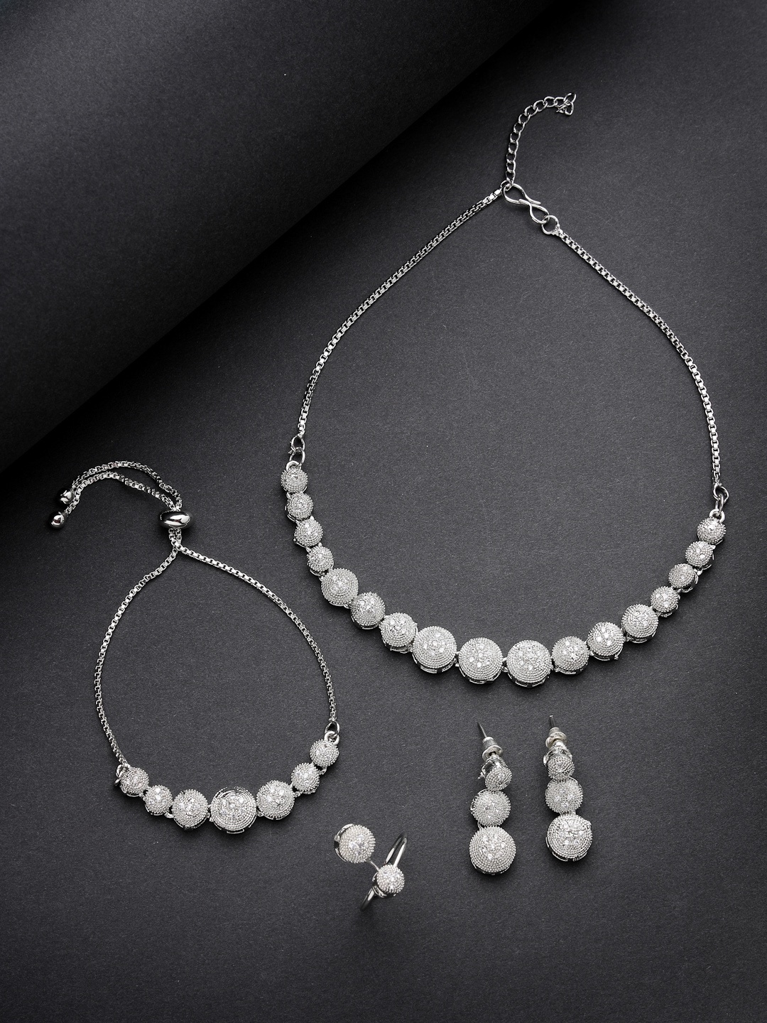 

Aazeen Rhodium-Plated AD Stone Studded Round Shaped Jewellery Set, Silver