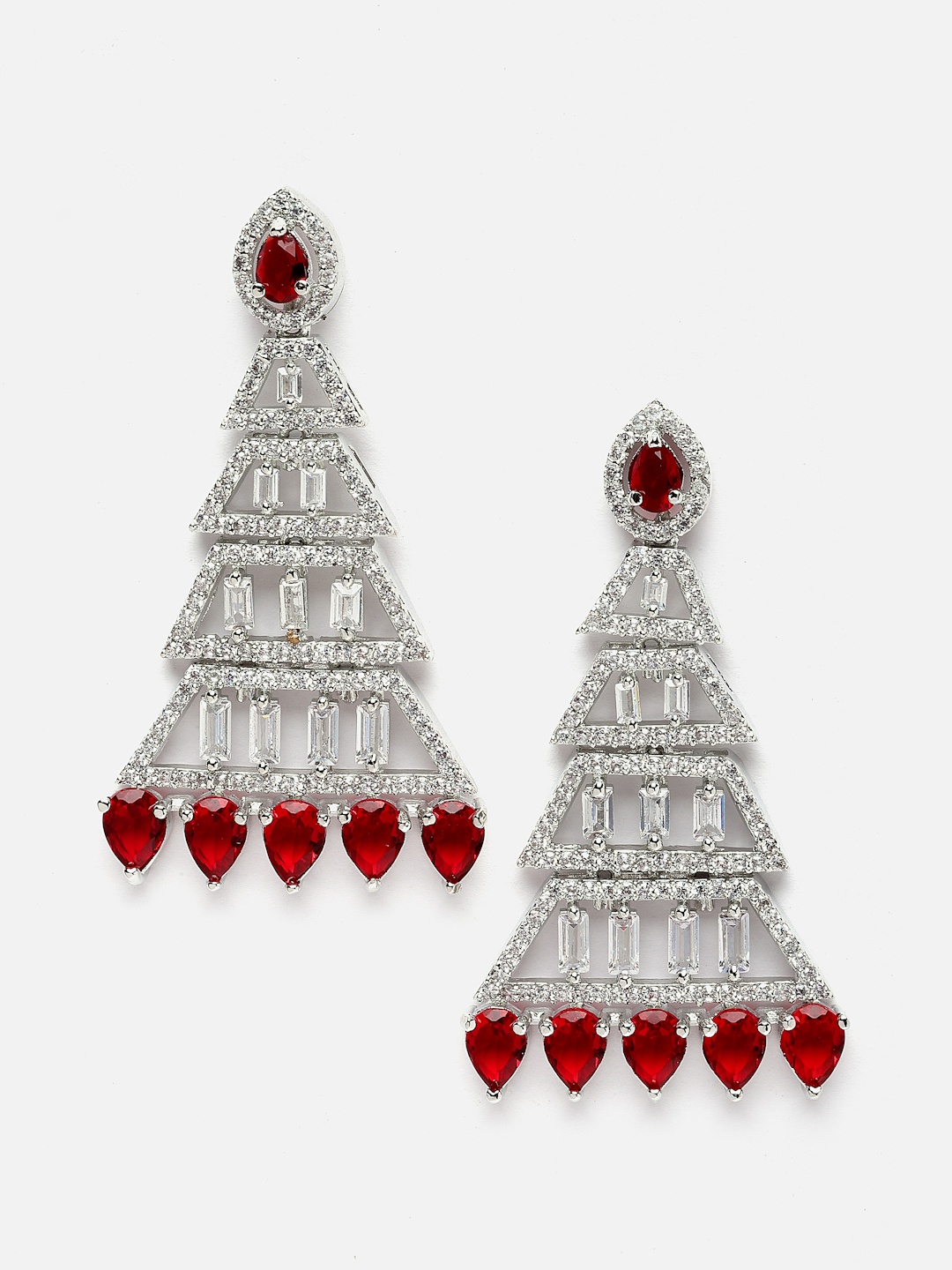 

Aazeen Rhodium-Plated American Diamond Studded Triangular Drop Earrings, Silver