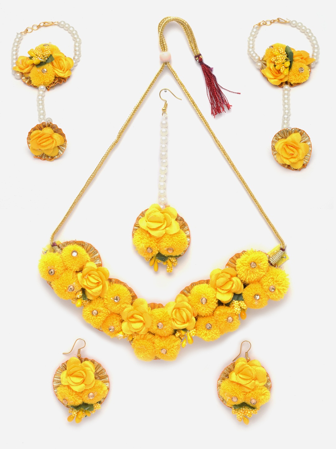 

Aazeen Gold-Plated Pearl & Gota Patti Flower Jewellery Set