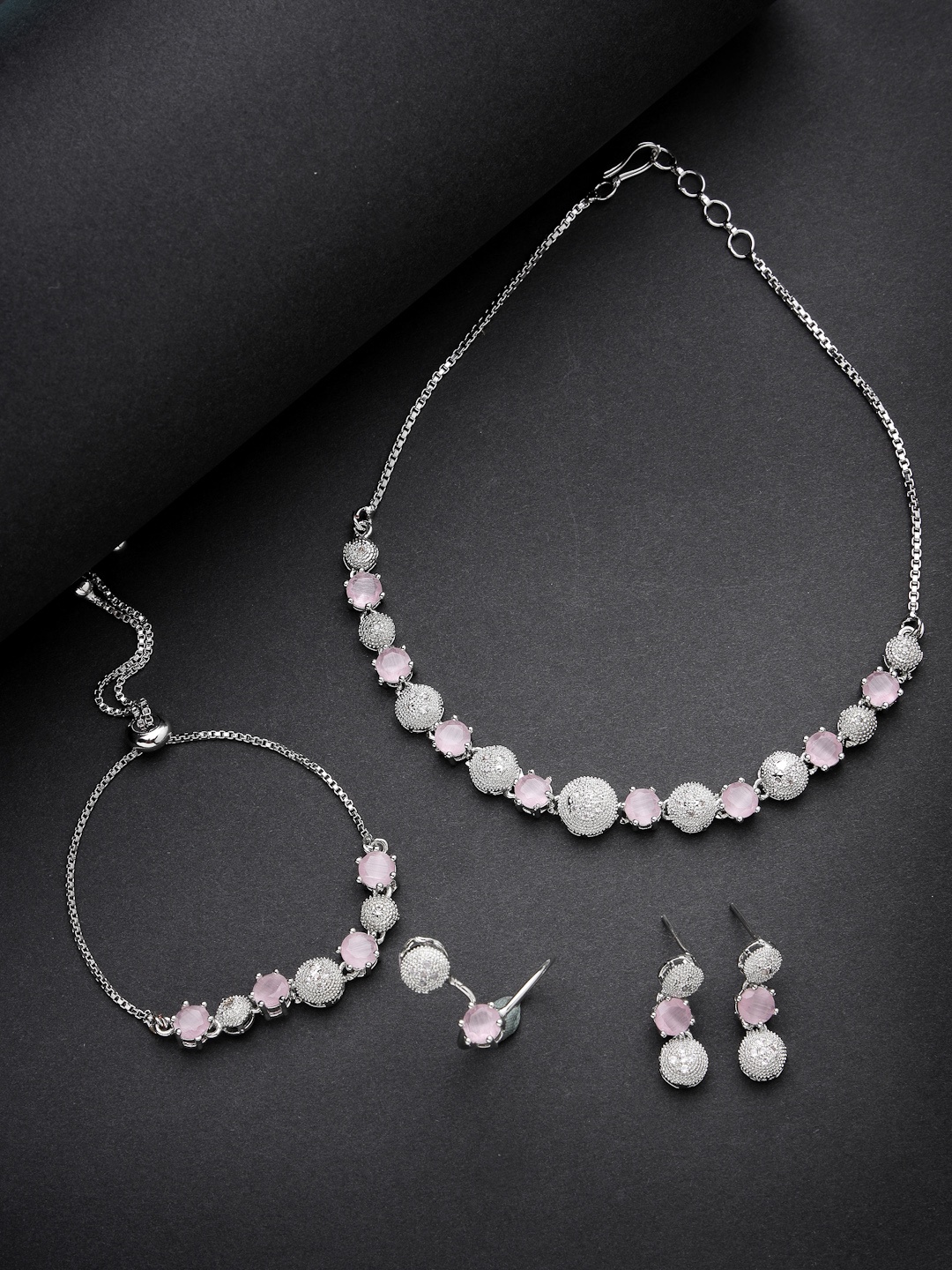 

Aazeen Rhodium-Plated American Diamond Studded Brass Jewellery Set, Pink