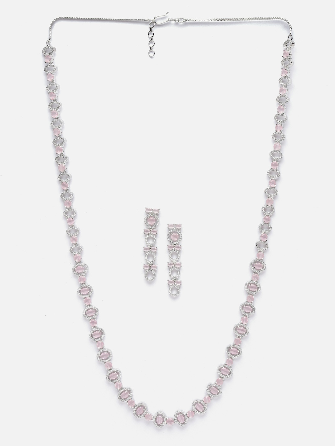 

Aazeen Rhodium-Plated AD Stone Studded Oval Shaped American Diamond Studded Jewellery Set, Silver