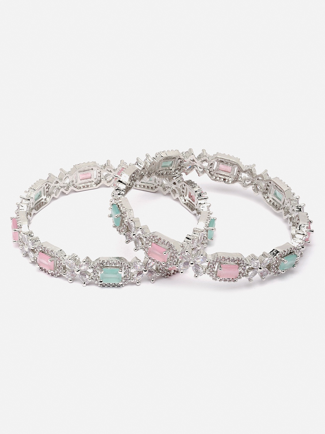 

Aazeen Set Of 2 Rhodium-Plated AD-Studded Brass Bangles, Silver