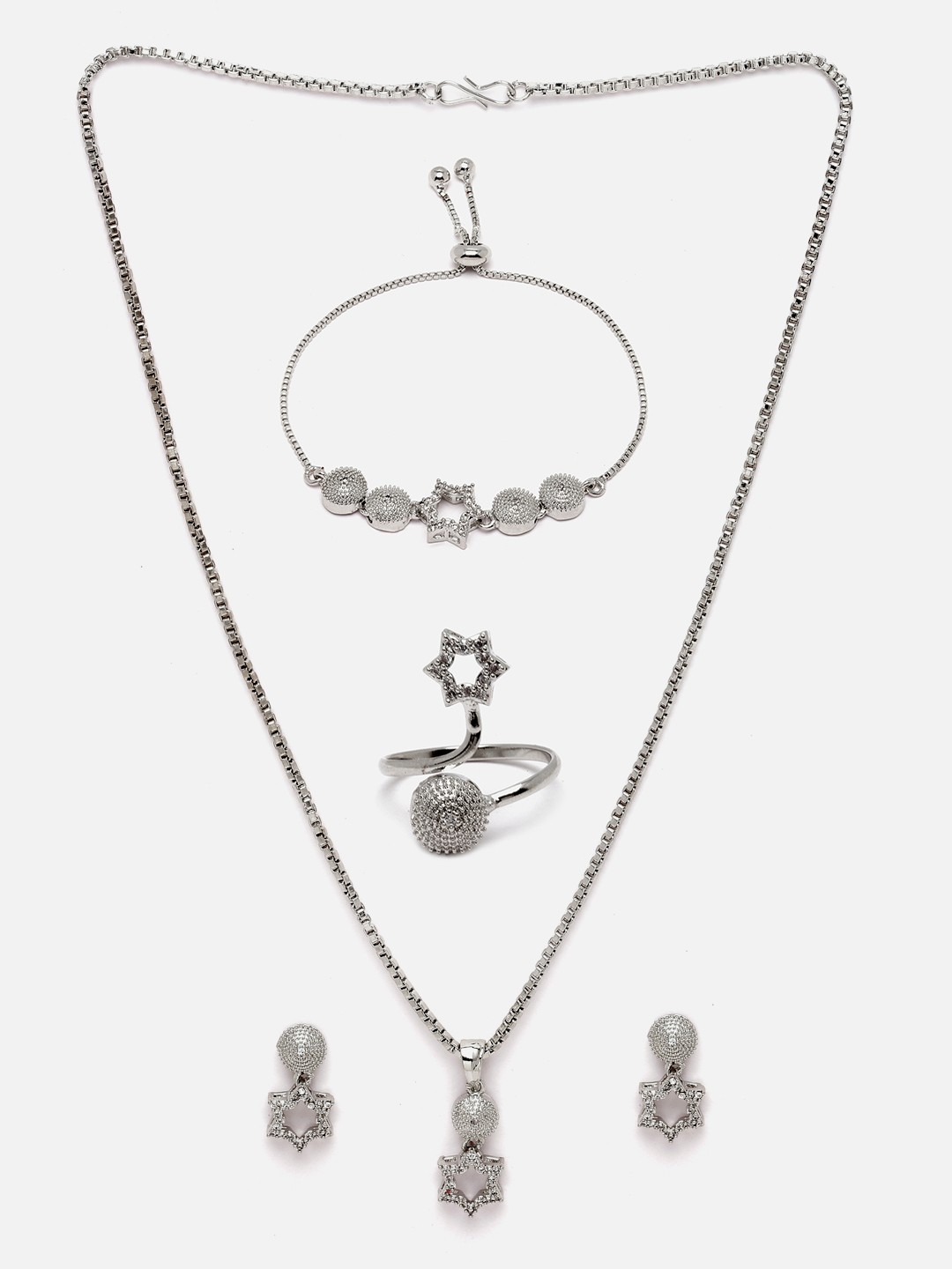 

Aazeen Rhodium-Plated American Diamond Studded Star Shaped Jewellery Set, Silver