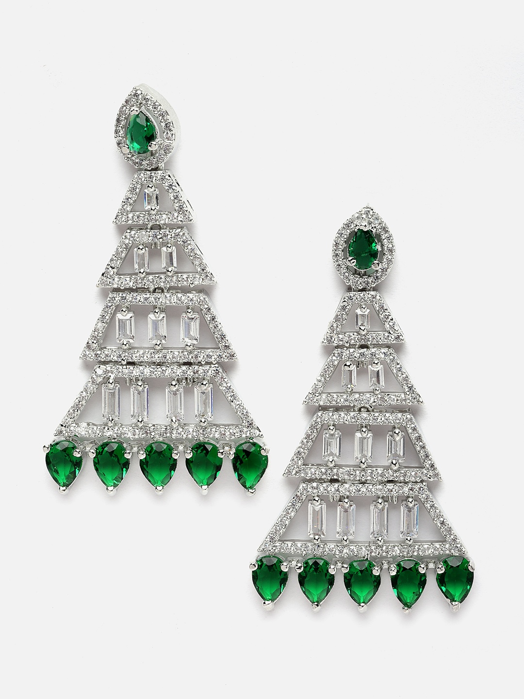 

Aazeen Rhodium-Plated American Diamond Studded Triangular Drop Earrings, Silver