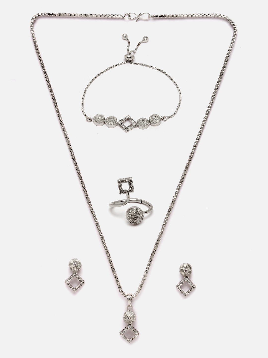 

Aazeen Rhodium-Plated AD-Studded Jewellery Set, Silver