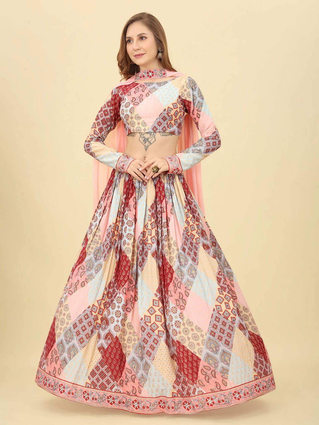 

KALINI Printed Foil Print Ready to Wear Lehenga & Blouse With Dupatta, Peach