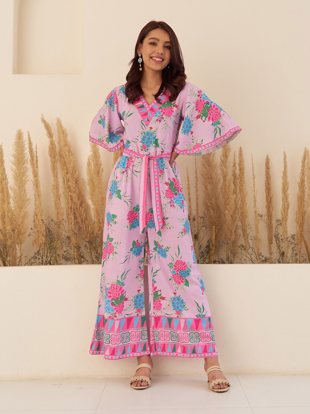 

Rustorange Floral Printed Flared Sleeves Basic Jumpsuit With Tie-Up Detail, Pink