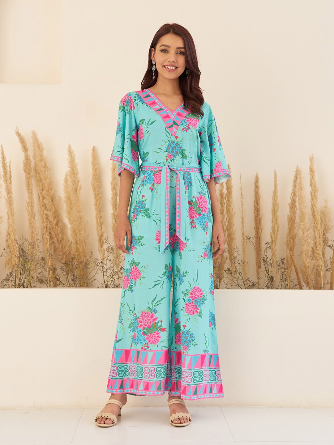 

Rustorange Floral Printed Flared Sleeves Basic Jumpsuit With Tie-Up Detail, Sea green