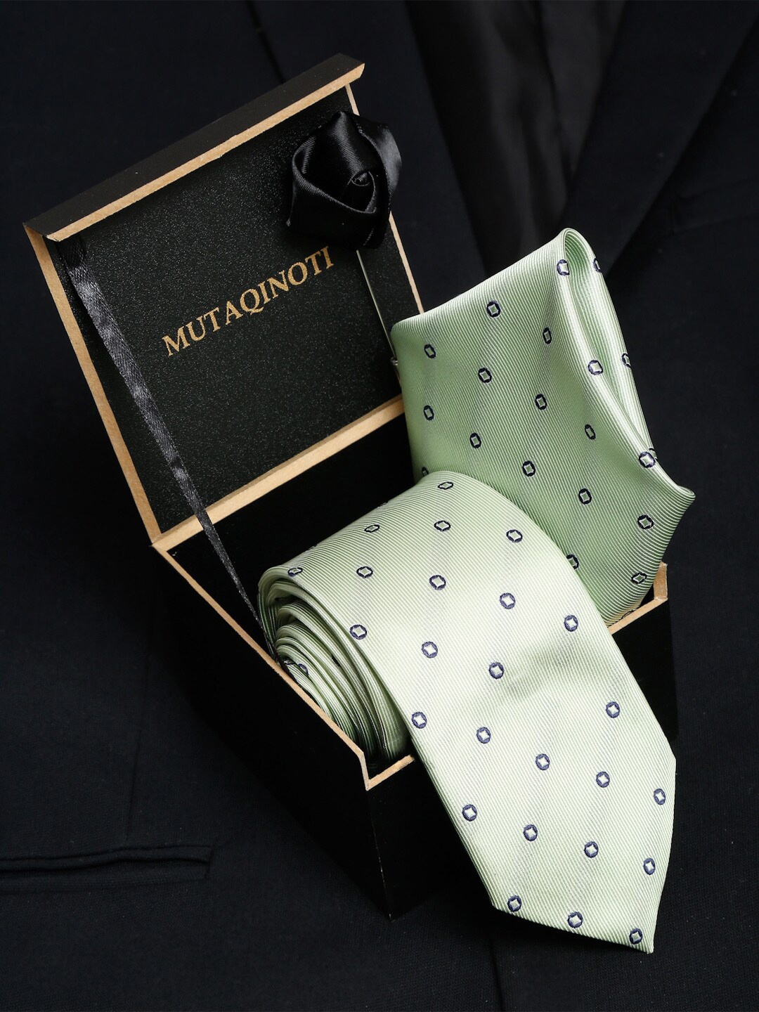 

MUTAQINOTI Men Printed Skinny Tie, Tiepin & Brooch, Green