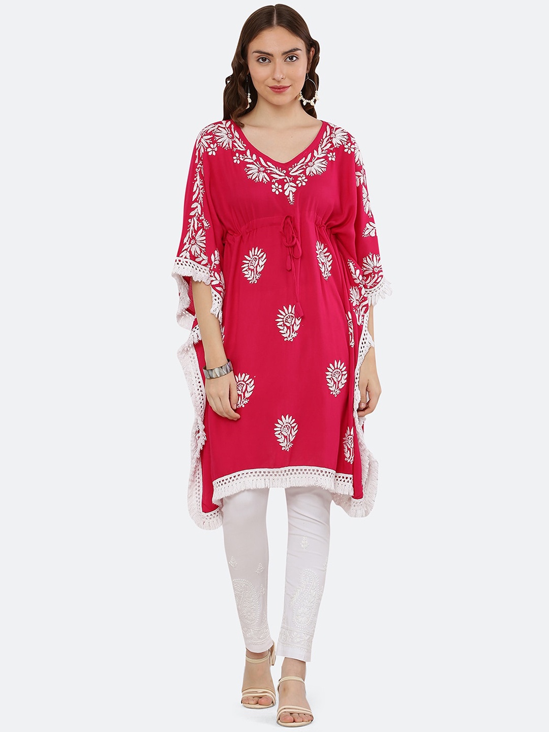 

FAWOMENT Flared Sleeves Ethnic Motifs Chikankari Printed Kaftan Kurta, Pink