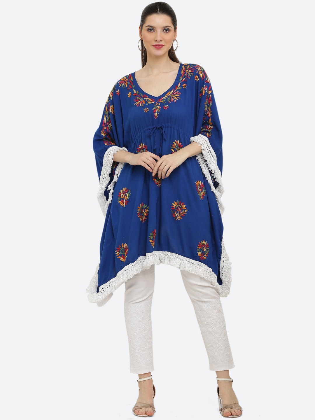 

FAWOMENT Flared Sleeves Ethnic Motifs Chikankari Printed Kaftan Kurta, Blue