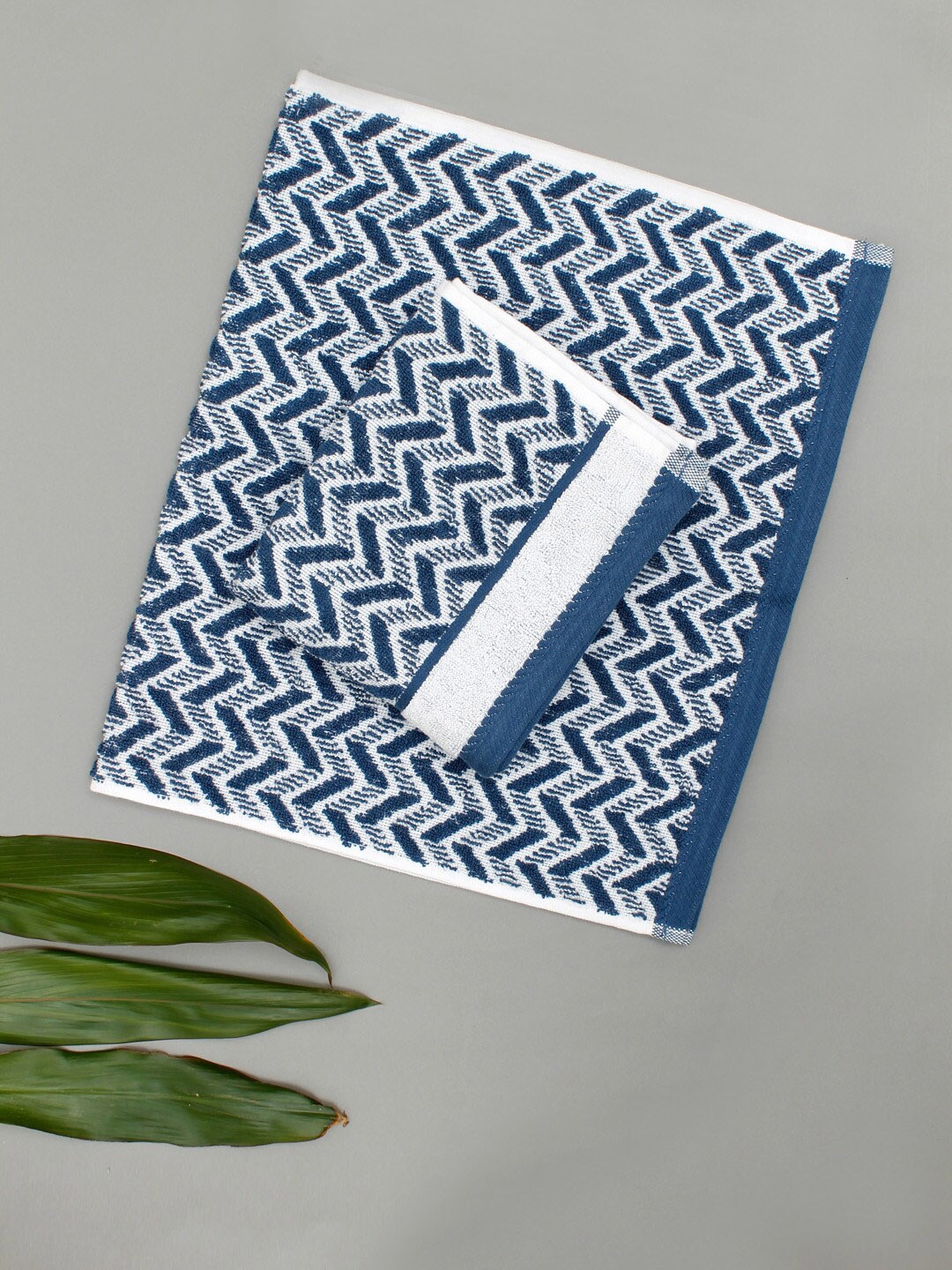 

AVI Living 2-Pcs Blue & White Self Design 550 GSM Highly Absorbent Pure Cotton Hand Towels