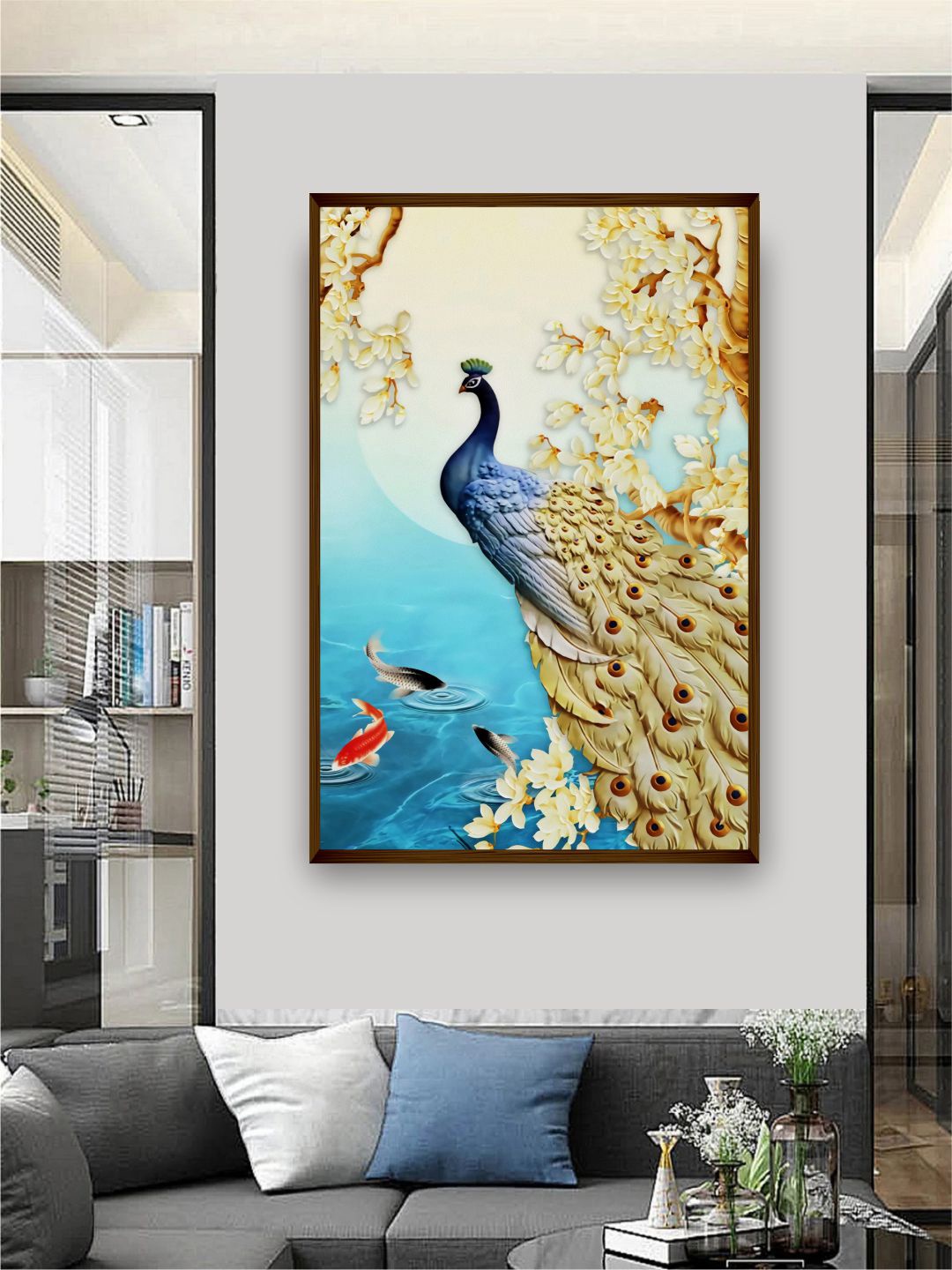 

The Art House Blue & Beige Peacock Framed Wall Painting