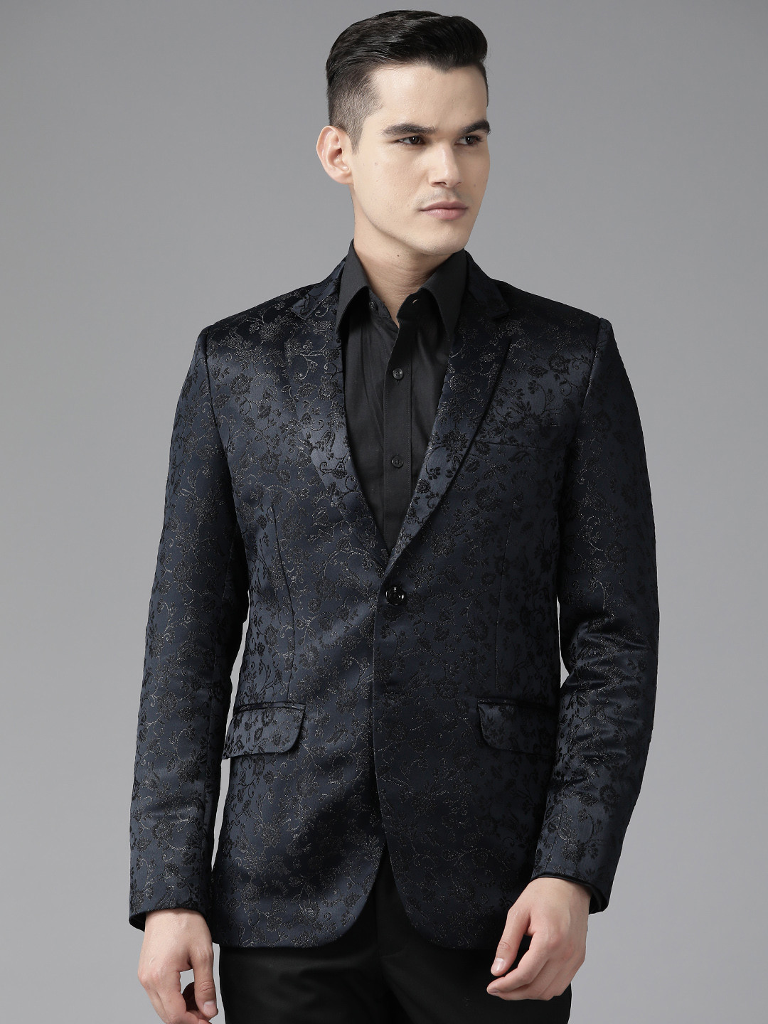 

Shaftesbury London Men Single-Breasted Self Design Slim Fit Formal Blazer, Navy blue