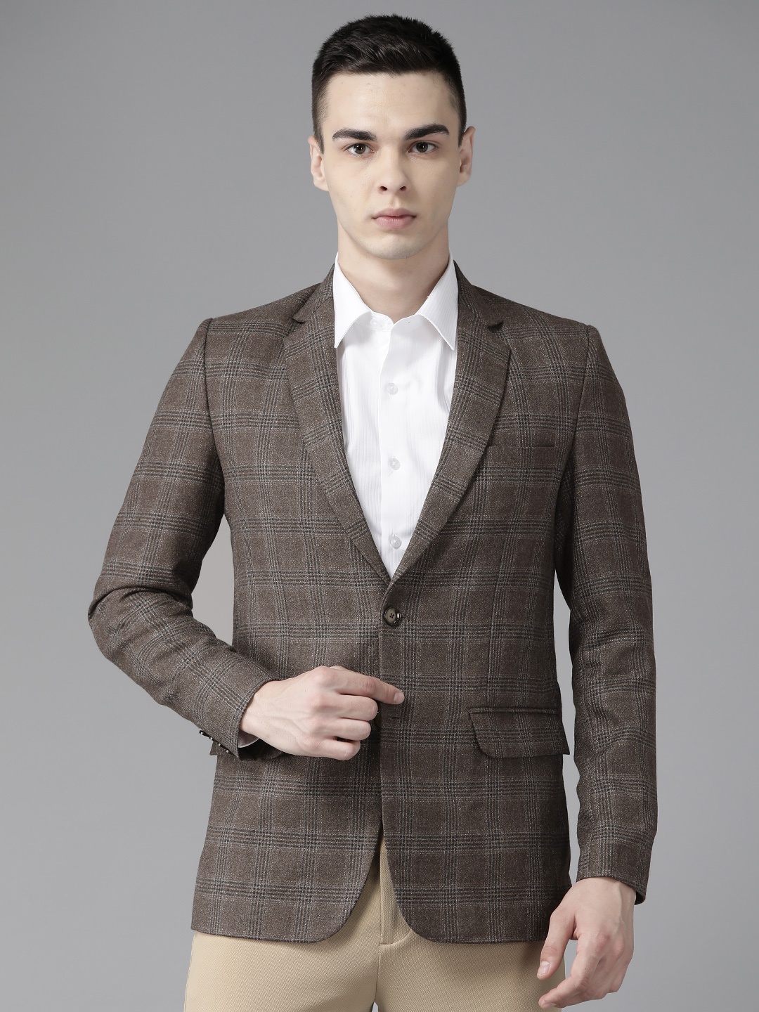 

Shaftesbury London Men Single-Breasted Checked Slim Fit Formal Blazer, Grey