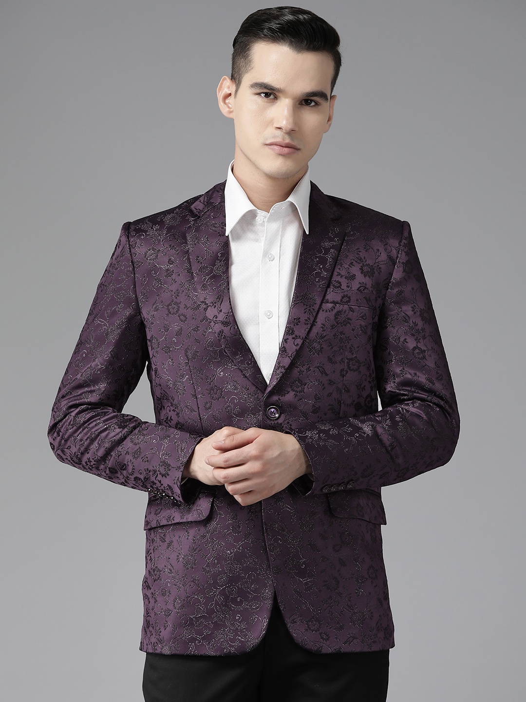 

Shaftesbury London Men Single-Breasted Self Design Slim Fit Formal Blazer, Purple