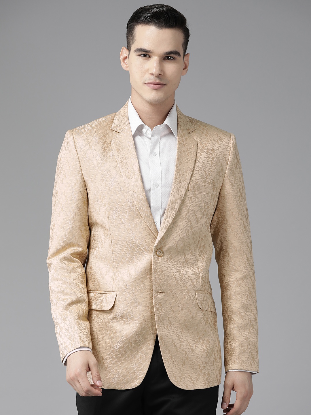 

Shaftesbury London Men Single-Breasted Self Design Slim Fit Formal Blazer, Beige