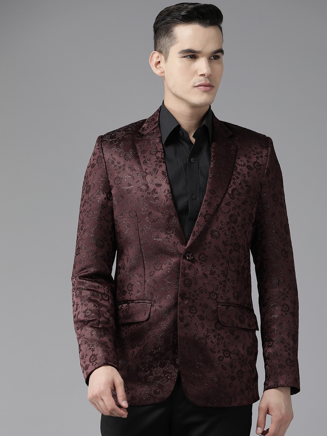 

Shaftesbury London Men Single-Breasted Self Design Slim Fit Formal Blazer, Maroon