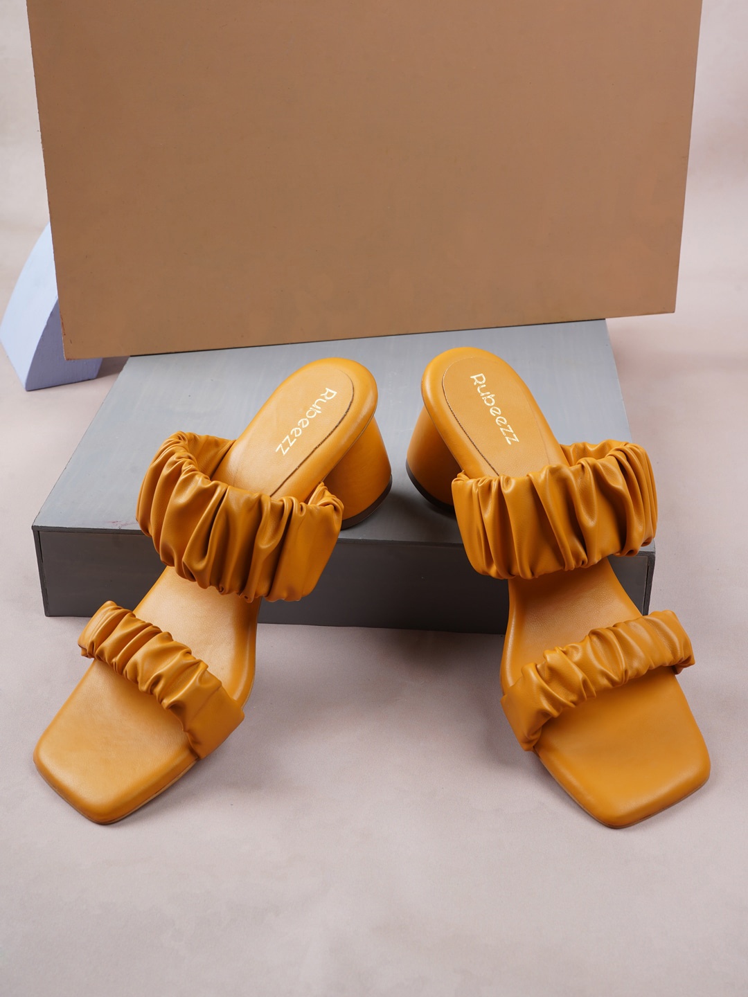 

Rubeezz Ruched Open Toe Block Heels, Mustard