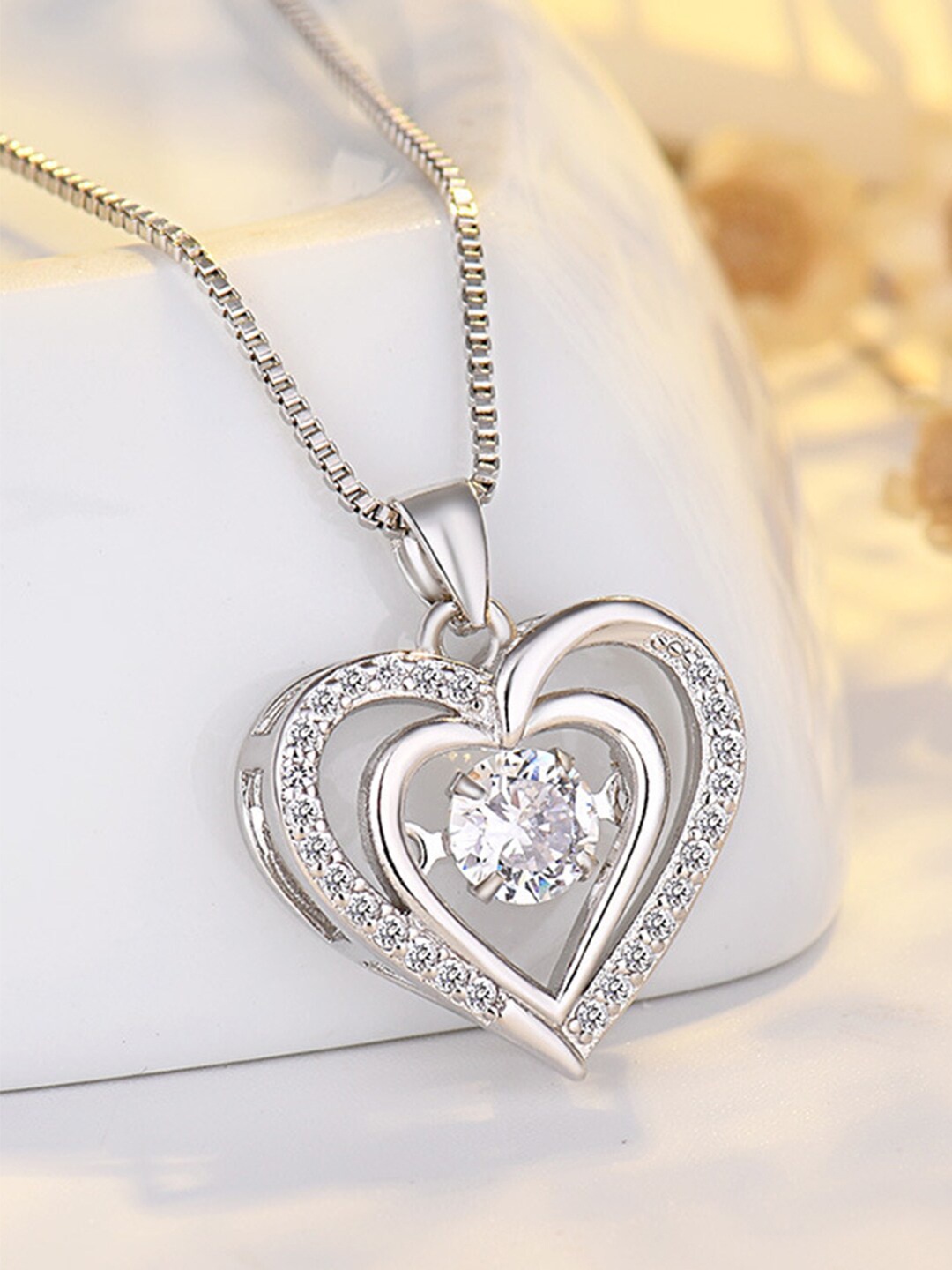 

Peora Silver-Plated AD Studded Heart Shape Pendant Chain Necklace