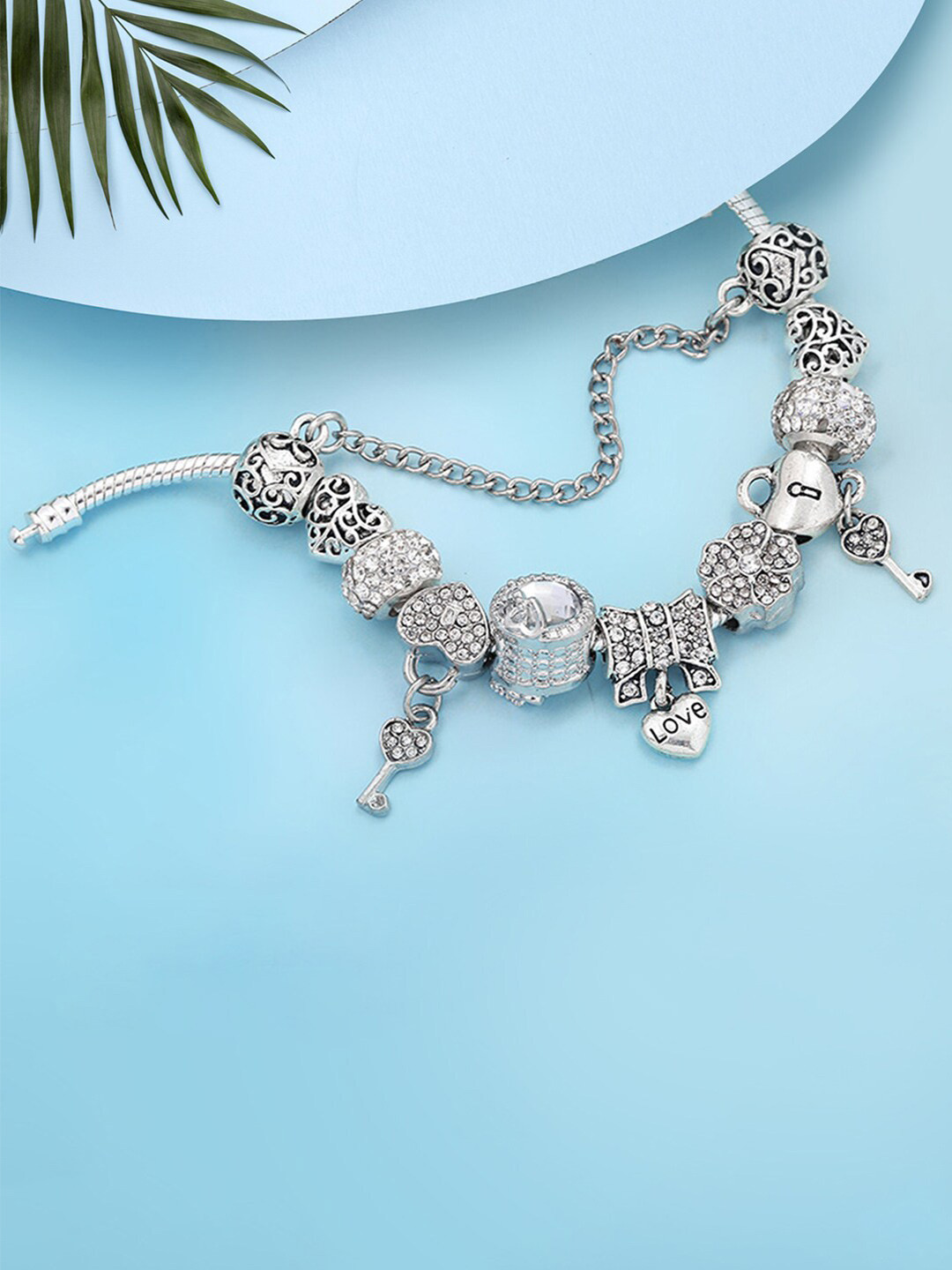 

Peora Silver-Plated Cubic Zirconia Studded Charm Bracelet
