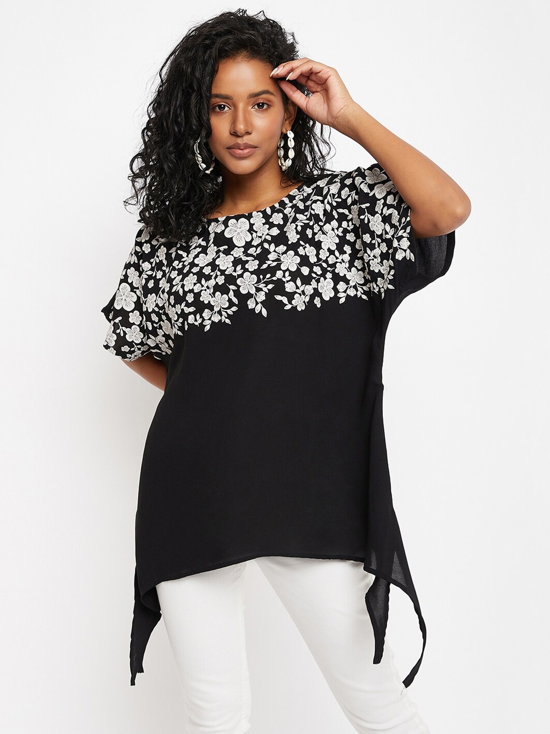 

Ruhaans Floral Printed Extended Sleeves Top, Black