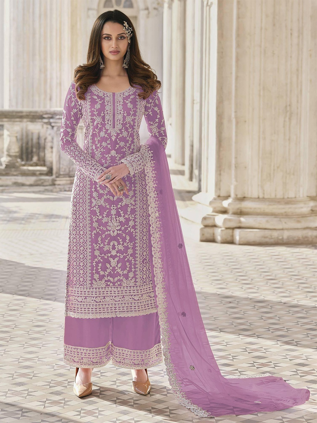 

JATRIQQ Ethnic Motif Embroidered With Beads & Stones Unstitched Dress Material, Lavender