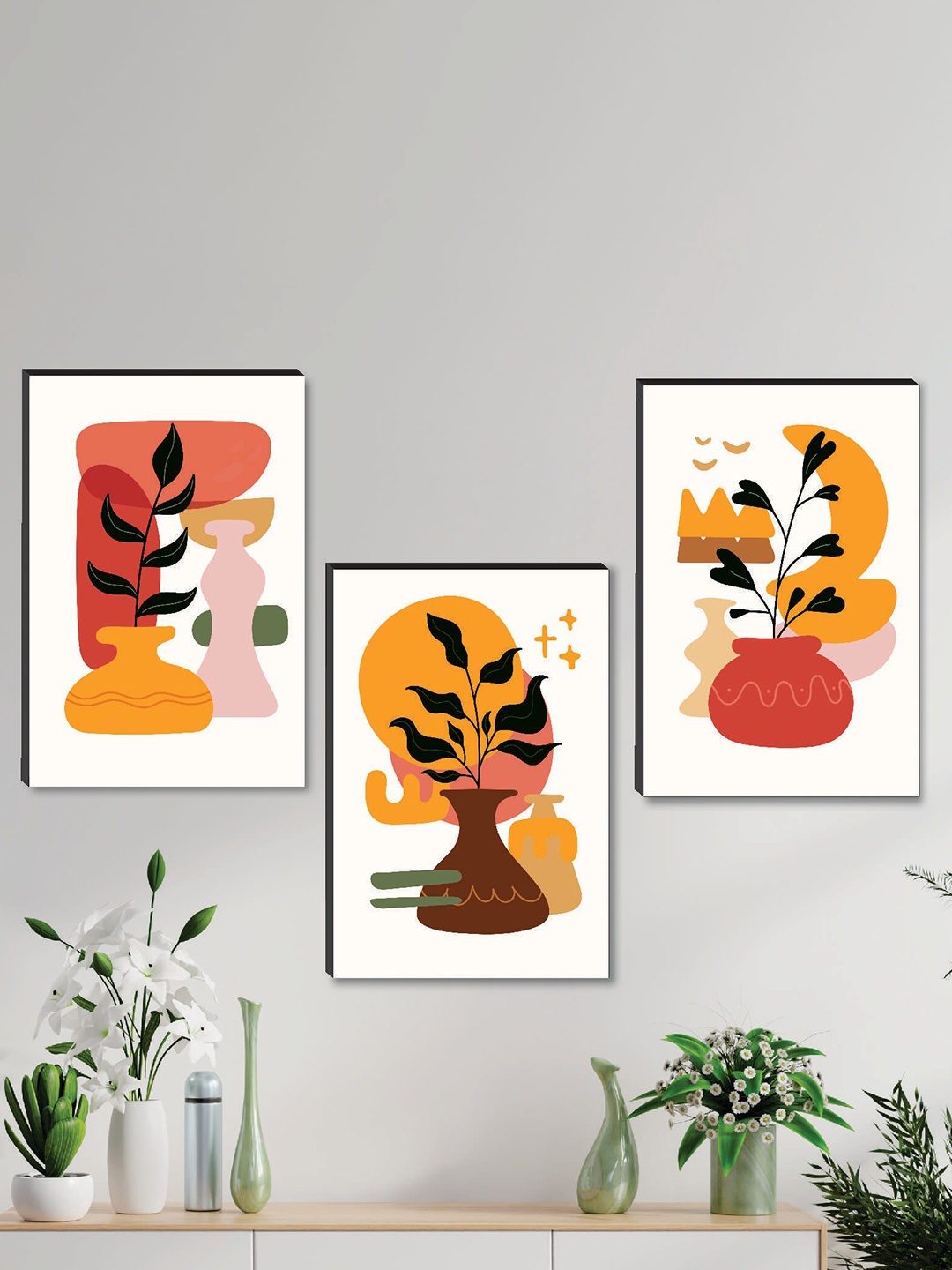 

SAF Beige & Orange 3 Pieces Modern Art Wall Painting