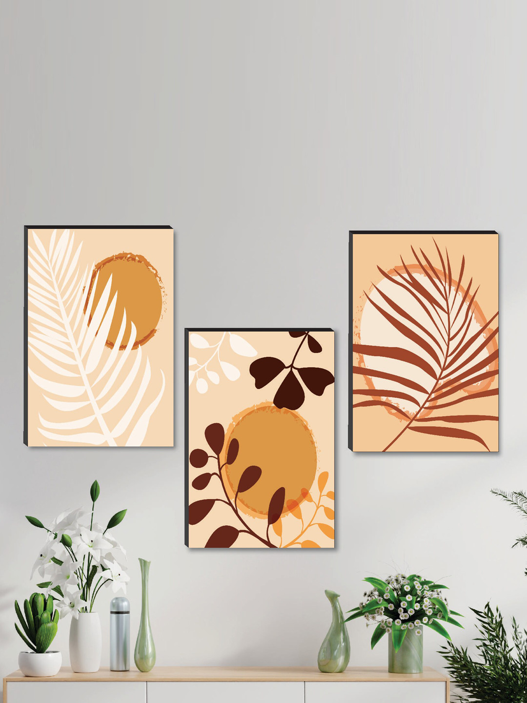 

SAF Orange & White 3 Pieces Leaf Printed Framed Wall Painting, Beige