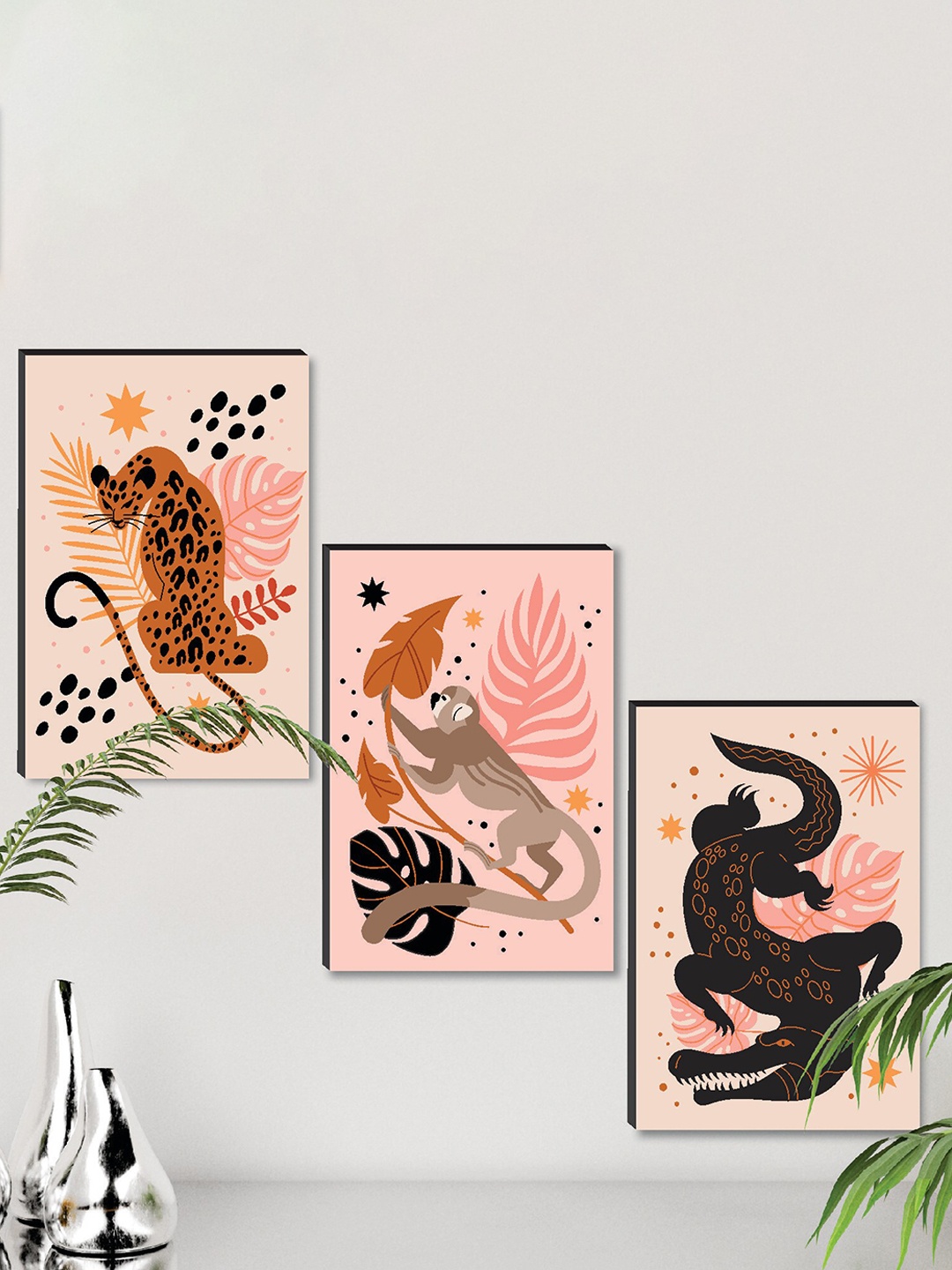 

SAF Orange & Black 3 Pieces Framed Wall Painting, Pink