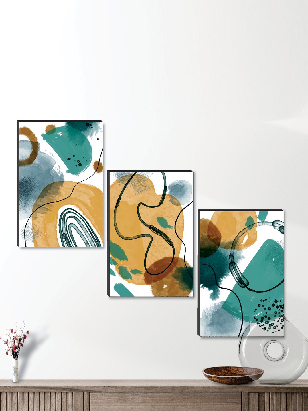 

SAF White & Yellow 3 Pieces Modern Art Wall Painting
