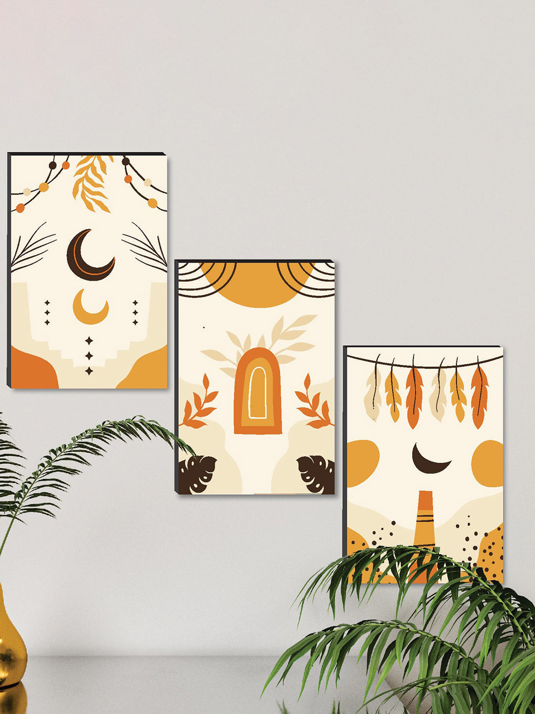 

SAF Cream & Mustard 3 Pieces Modern Art Wall Painting