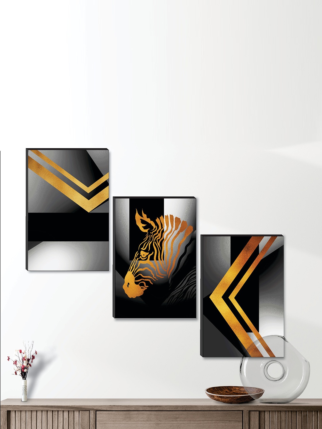 

SAF Black & Orange 3 Pieces Modern Art Wall Painting