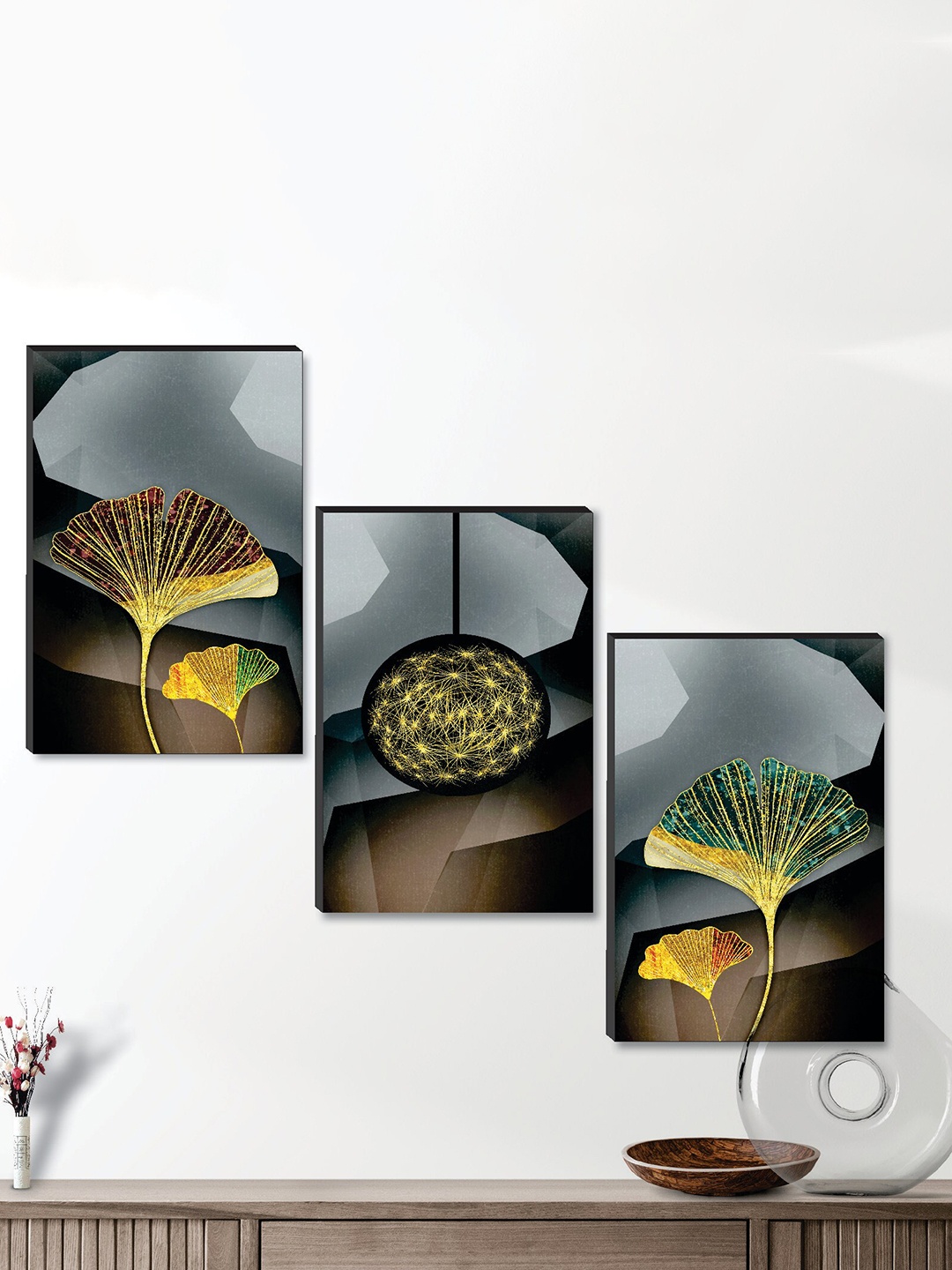 

SAF 3 Piece Grey & Brown Abstract Printed Framed Wall Painting