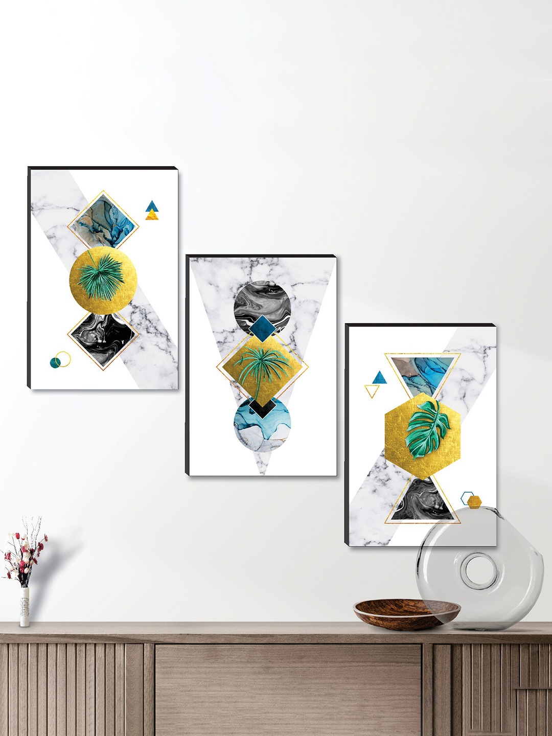 

SAF White & Yellow 3 Pieces Modern Art Wall Painting