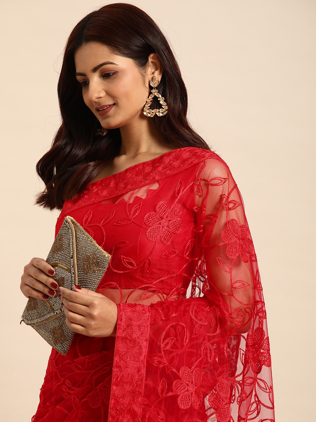 

HERE&NOW Floral Embroidered Net Saree, Red