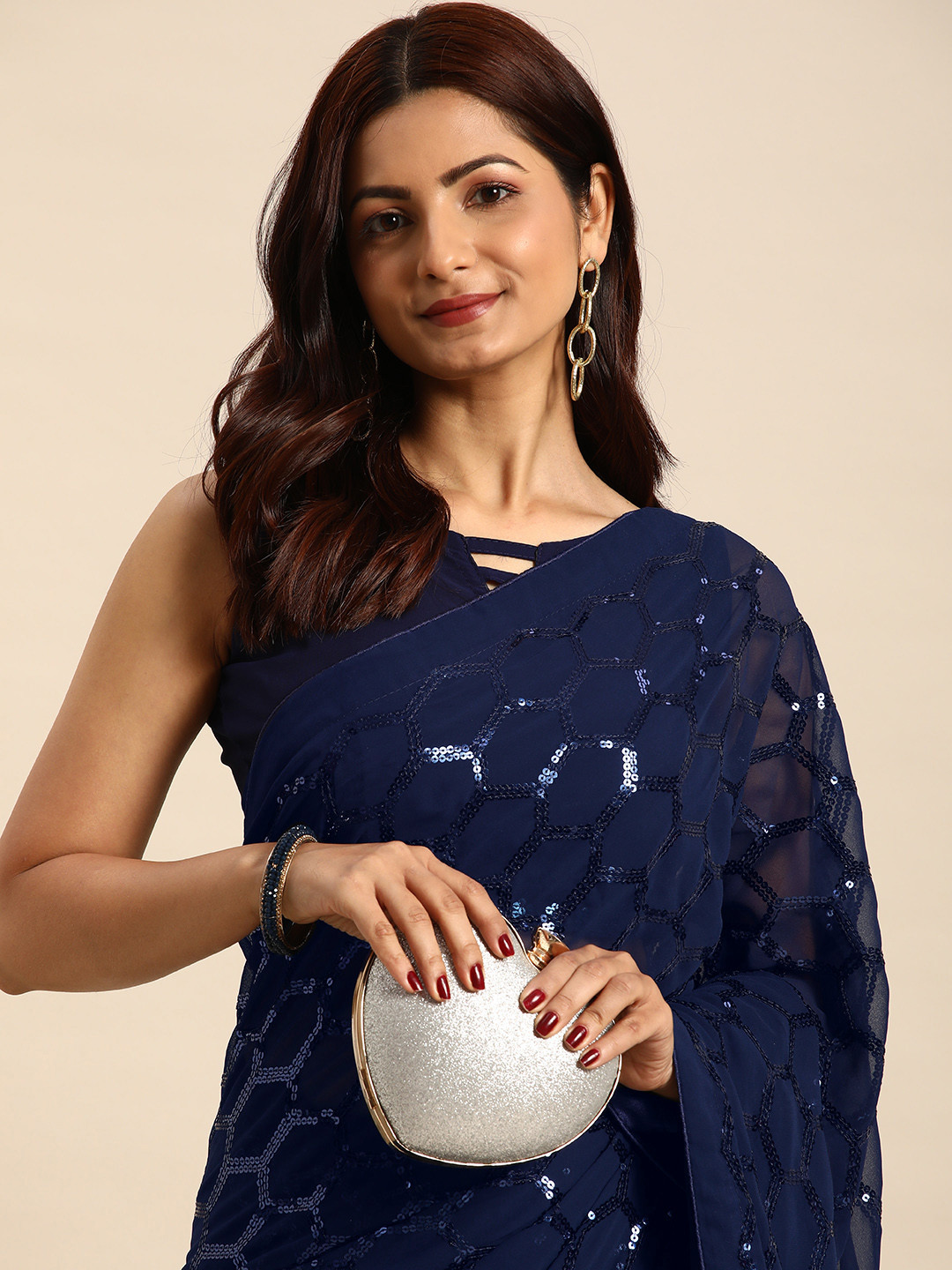 

HERE&NOW Sequinned Poly Georgette Saree, Navy blue