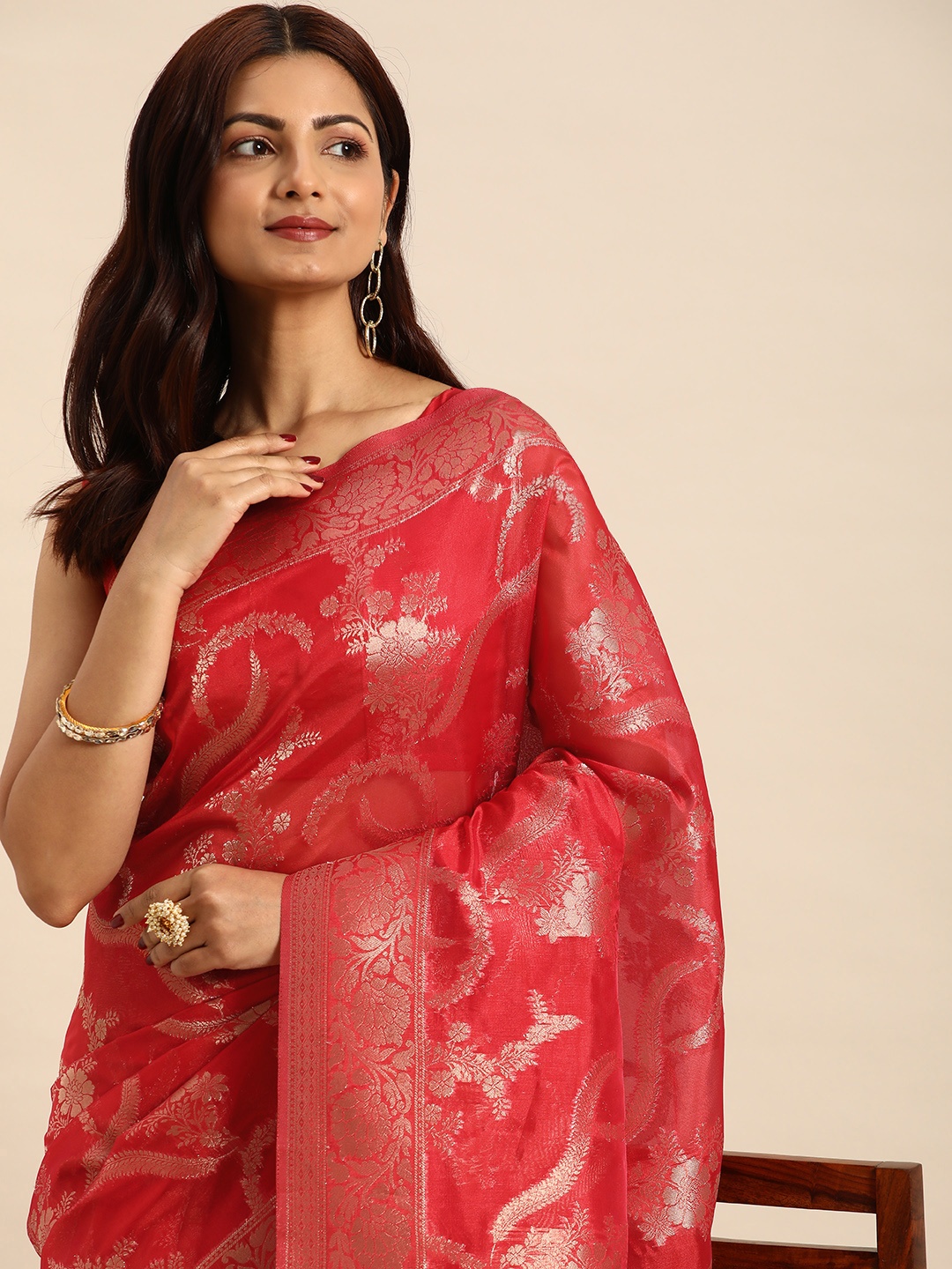 

HERE&NOW Floral Zari Organza Saree, Red