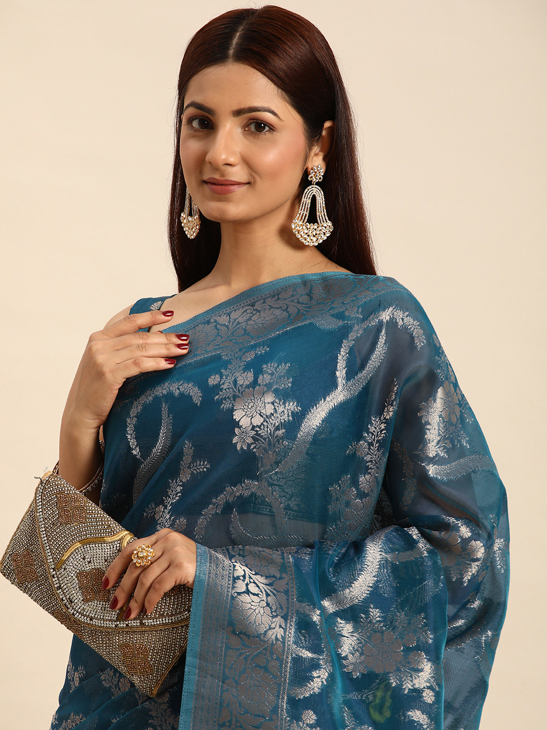 

HERE&NOW Floral Zari Organza Saree, Teal
